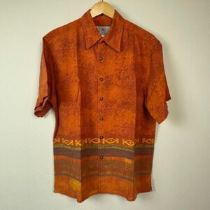 The Territory‎ Ahead Mens Orange Tribal Batik Print Short Sleeve Button Shirt L